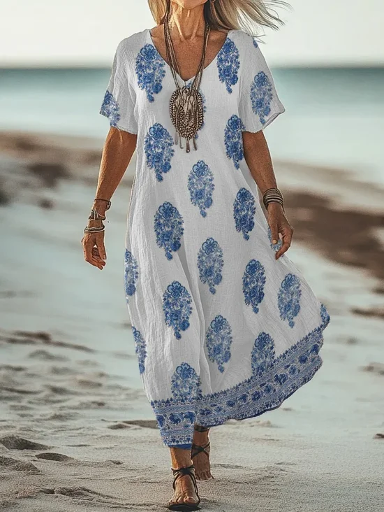 Femmes Floral Comme Image Col V Confortable Robe Maxi Rétro