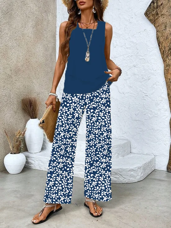 Deux Pièces Ensembles Femmes Décontracté Floral Été Polyester Imprimé Naturel Coupe Régulière Col Rond Top Avec Pantalons