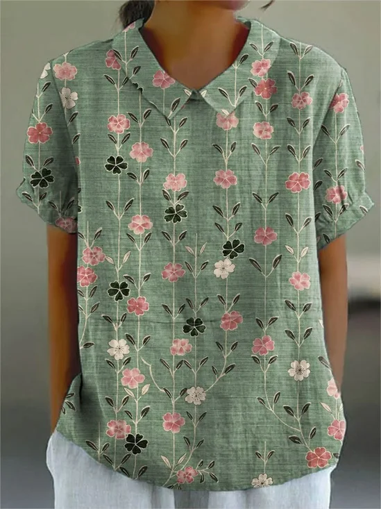 Blouses Décontracté Floral Été Polyester Aucune élasticité Ample Demi Manche Col Châle Régulier pour Femmes