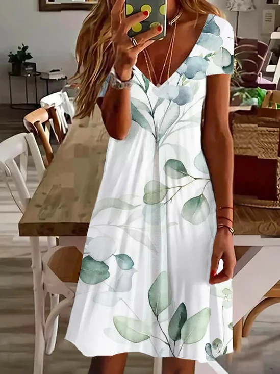 Femmes Floral Blanc Col V Confortable Imprimé Robe de Longueur Au Genou Décontracté