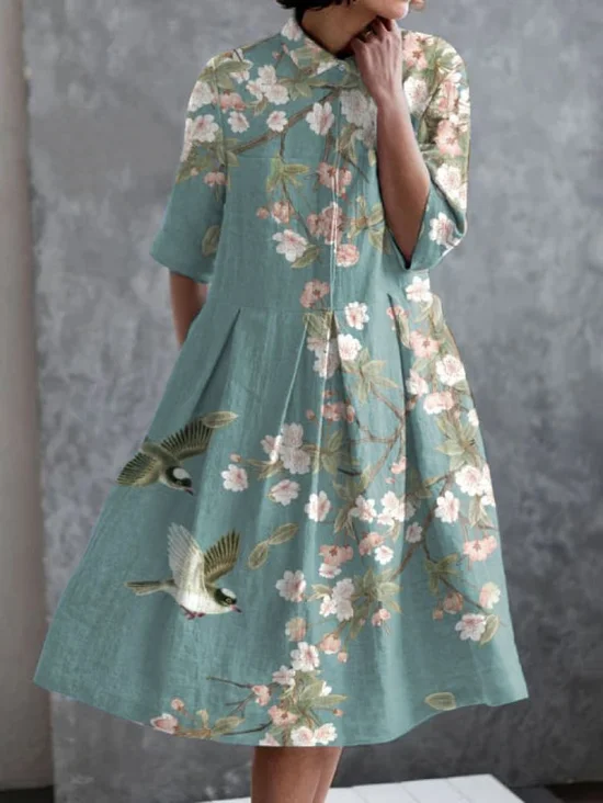 Femmes Floral Vert Clair Col de Chemise Confortable Robe Maxi Décontracté