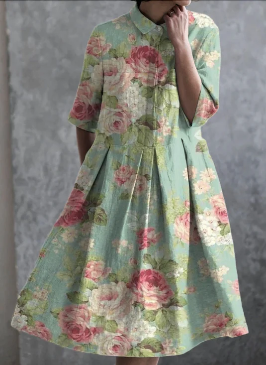 Femmes Floral Vert Col de Chemise Confortable Robe Maxi Décontracté