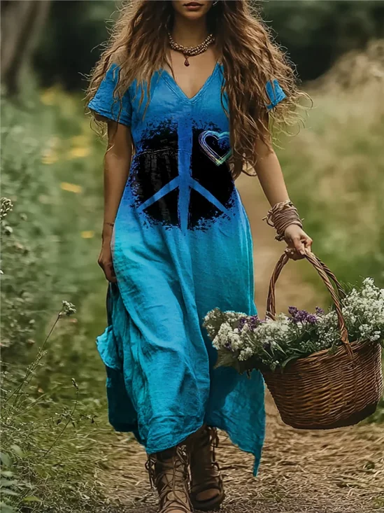 Femmes Géométrique Comme Image Col V Confortable Robe Maxi Rétro