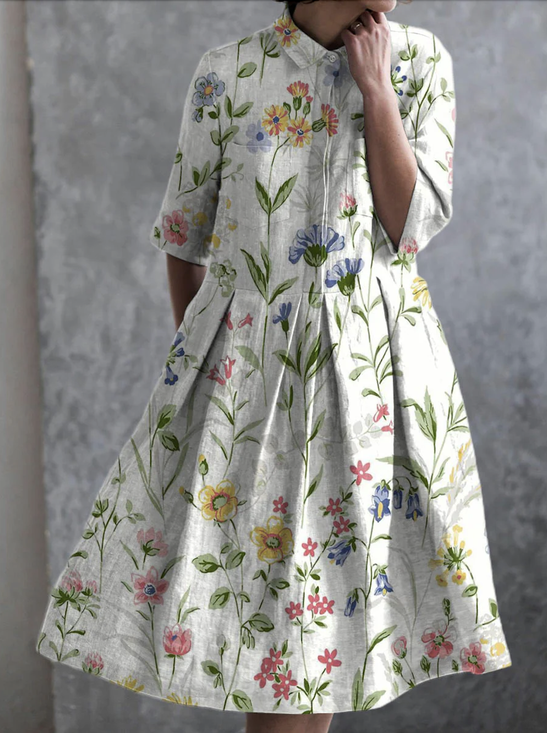 Femmes Floral Blanc Cassé Col de Chemise Confortable Robe Maxi Décontracté