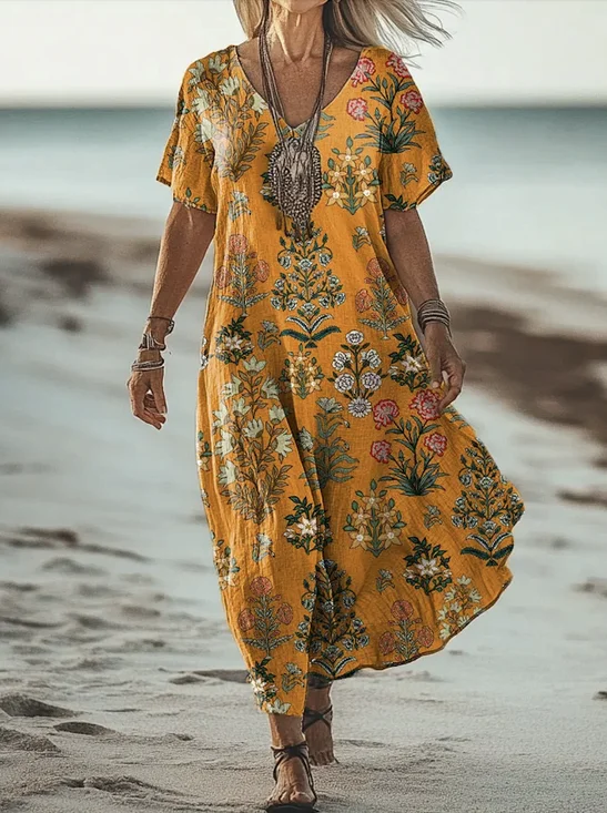 Femmes Floral Jaune Col V Confortable Robe Maxi Décontracté