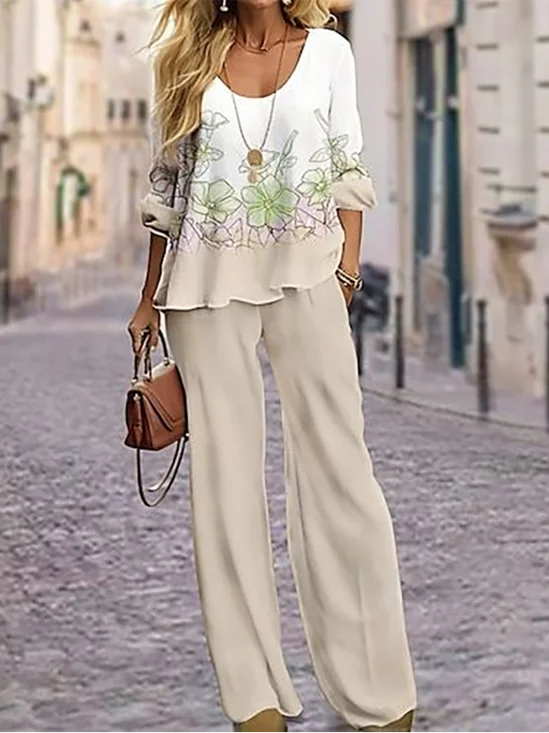 Deux Pièces Ensembles Femmes Décontracté Floral Printemps / Automne Polyester Imprimé Naturel Col Rond Top Avec Pantalons T.-N.-L.