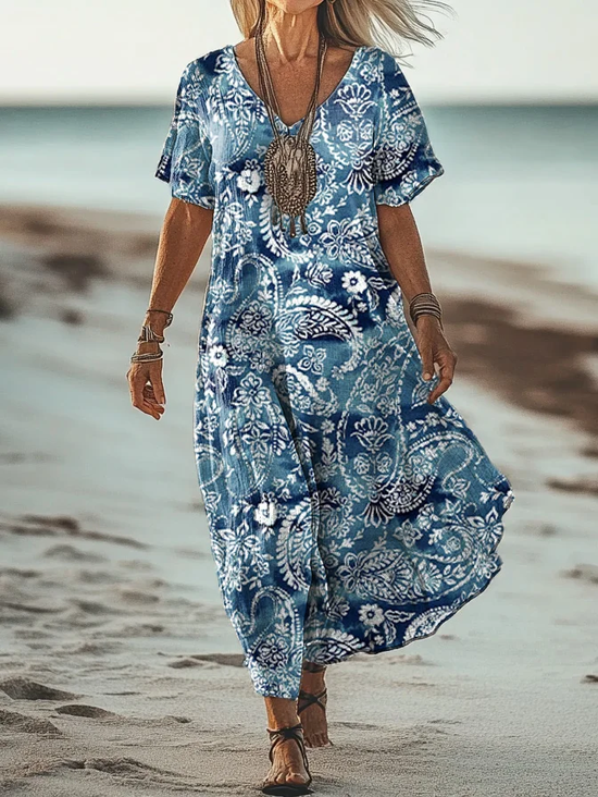 Femmes Motif Cachemire Comme Image Col V Confortable Robe Maxi Rétro