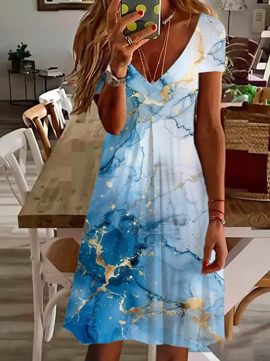 Femmes Abstrait Bleu Col V Confortable Imprimé Robe de Longueur Au Genou Décontracté
