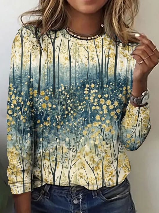 T-shirts Décontracté Floral Printemps / Automne Coton Coupe Régulière Col Rond Régulier Trapèze Régulier pour Femmes