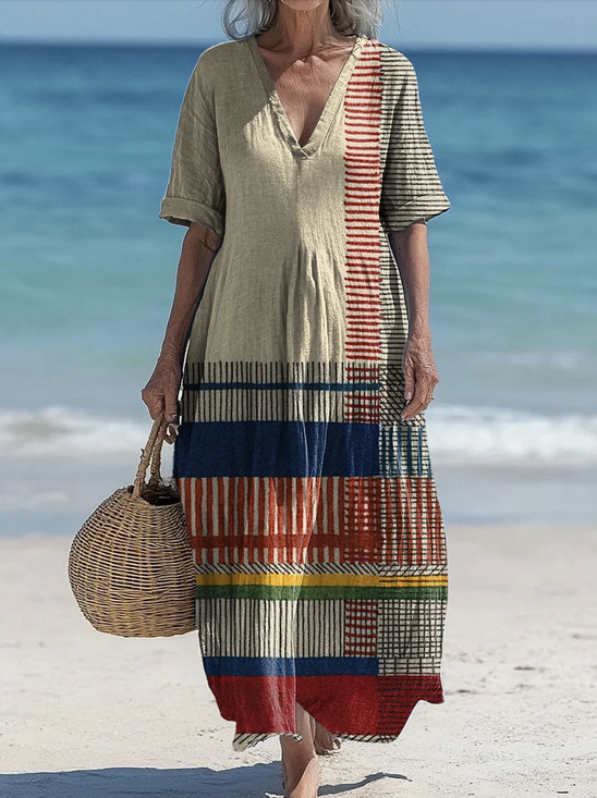 Femmes Géométrique Kaki Col V Confortable Robe Maxi Décontracté