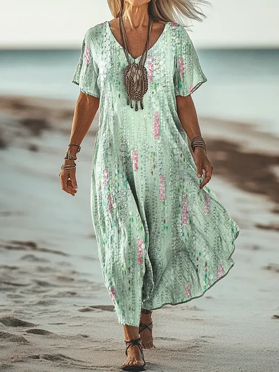 Femmes Floral Comme Image Col V Confortable Robe Maxi Rétro
