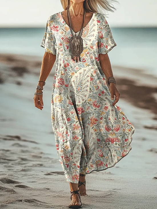 Femmes Motif Cachemire Comme Image Col V Confortable Robe Maxi Rétro