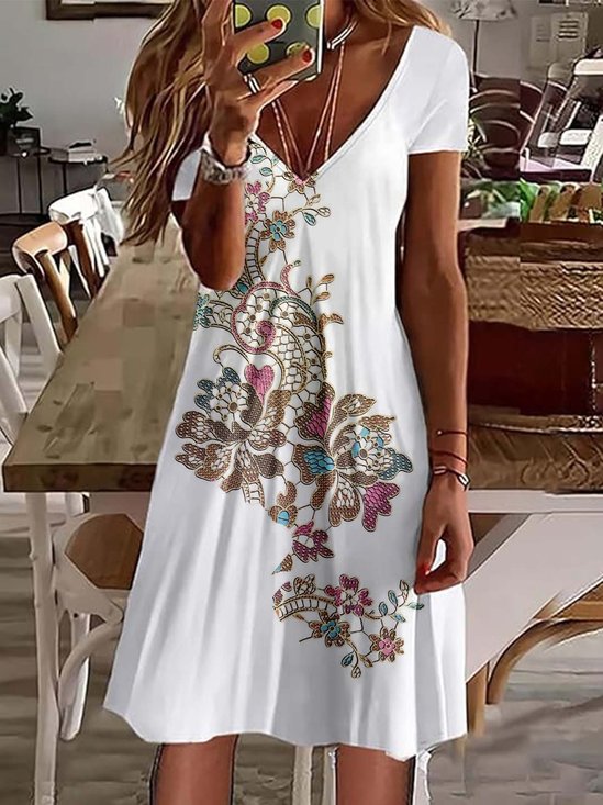 Femmes impression en 3D Blanc Col V Confortable Robe de Longueur Au Genou Rétro