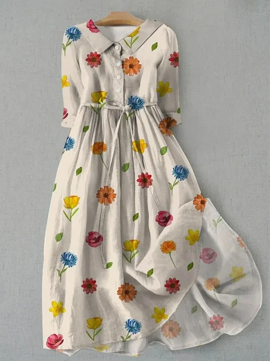 Femmes Floral Comme Image Col de Chemise Confortable Robe Maxi Rétro