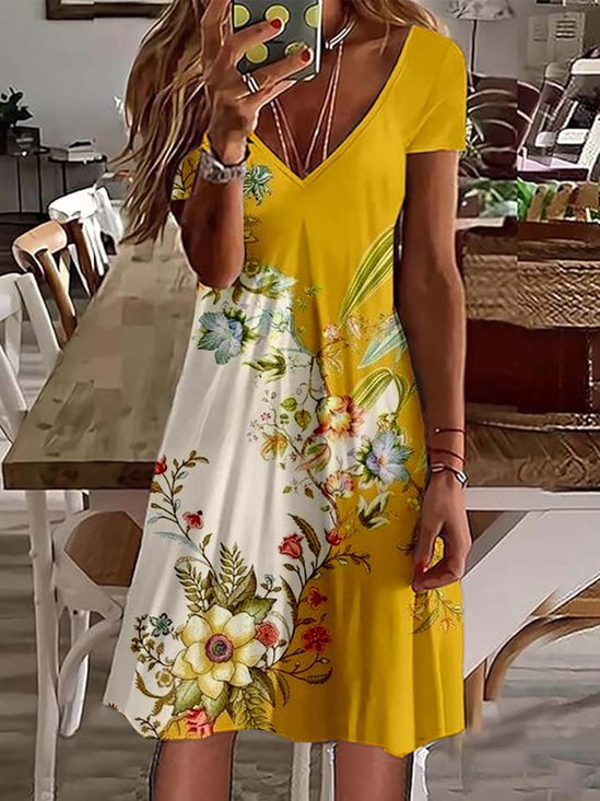 Femmes Floral Jaune Col V Confortable Robe de Longueur Au Genou Rétro