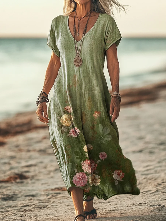 Femmes Floral Vert Col V Confortable Imprimé Robe Maxi Décontracté