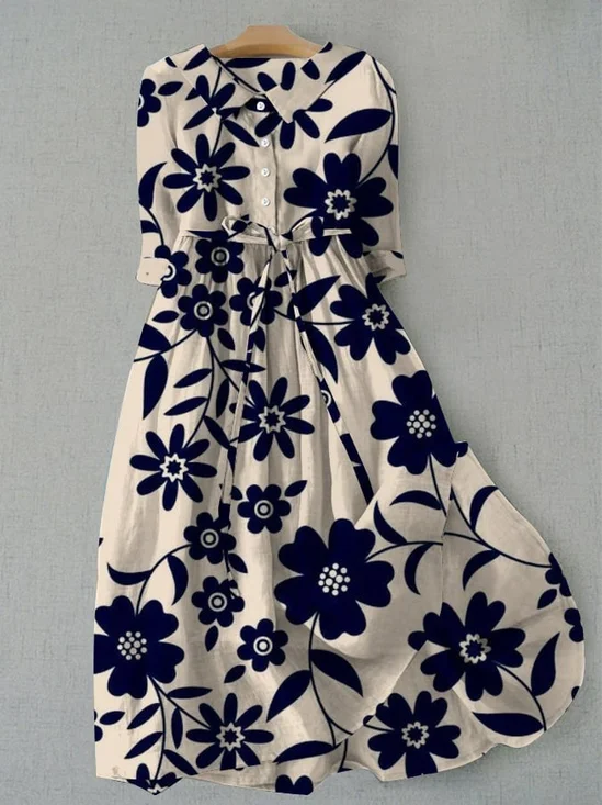 Femmes Floral Bleu Col de Chemise Confortable Robe Maxi Rétro