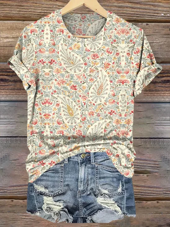 T-shirts Décontracté Motif Cachemire Été Polyester Micro-élasticité Quotidien Manches Courtes Col Rond Régulier pour Femmes