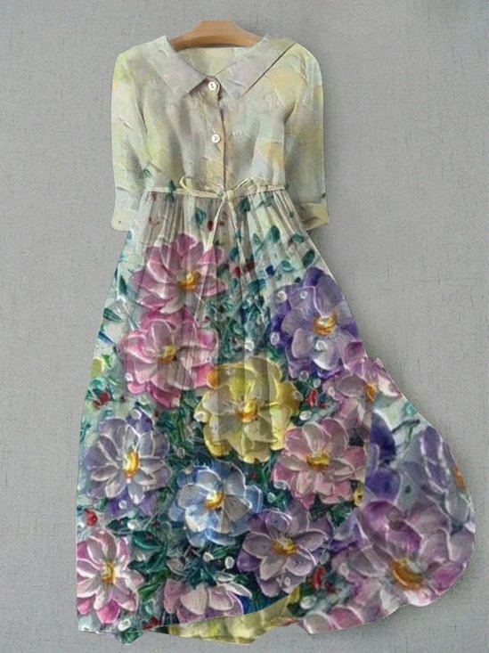 Femmes Floral Comme Image Col de Chemise Confortable Robe Maxi Rétro