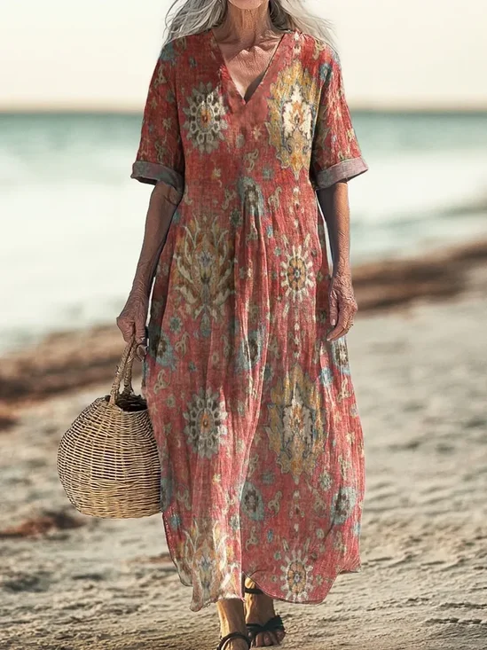 Femmes Géométrique Rouge Col V Confortable Robe Maxi Rétro