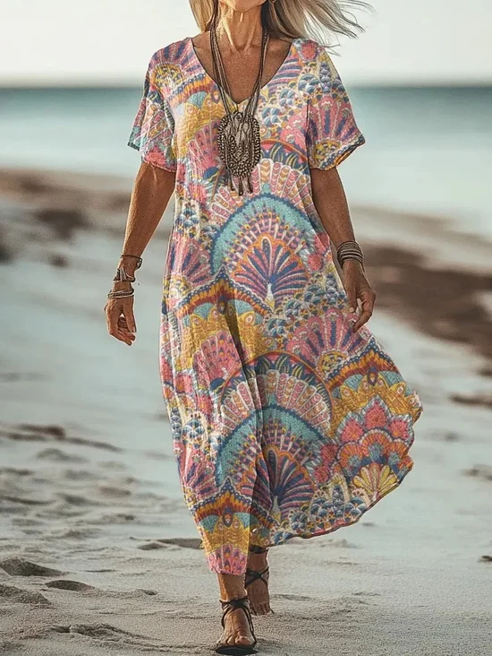 Femmes Géométrique Comme Image Col V Confortable Robe Maxi Rétro