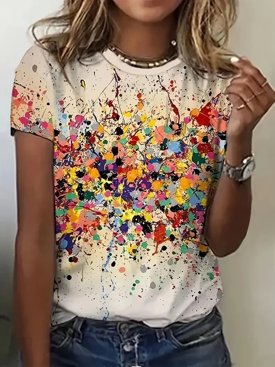 T-shirts Décontracté Bloc de Couleur Été Imprimé Micro-élasticité Jersey Manches Courtes Régulier Régulier pour Femmes