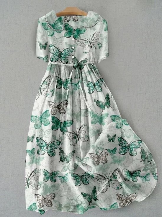 Femmes Papillon Vert Col de Chemise Confortable Robe Maxi Rétro