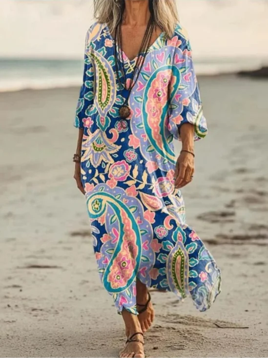 Femmes Motif Cachemire Comme Image Col V Confortable Robe Maxi Rétro
