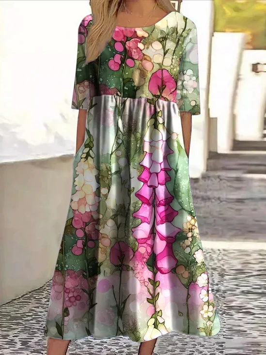 Femmes Floral Vert Col Rond Confortable Robe Maxi Décontracté