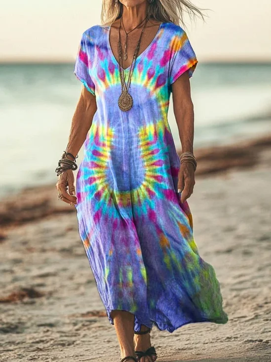 Femmes Motif tie-dye Comme Image Col V Confortable Robe Maxi Décontracté
