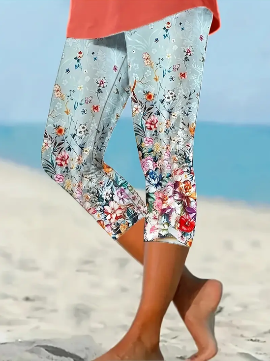 Pantalons Décontracté Floral Été Imprimé Aucune élasticité Coupe Régulière Taille Élastique Corsaire Legging pour Femmes