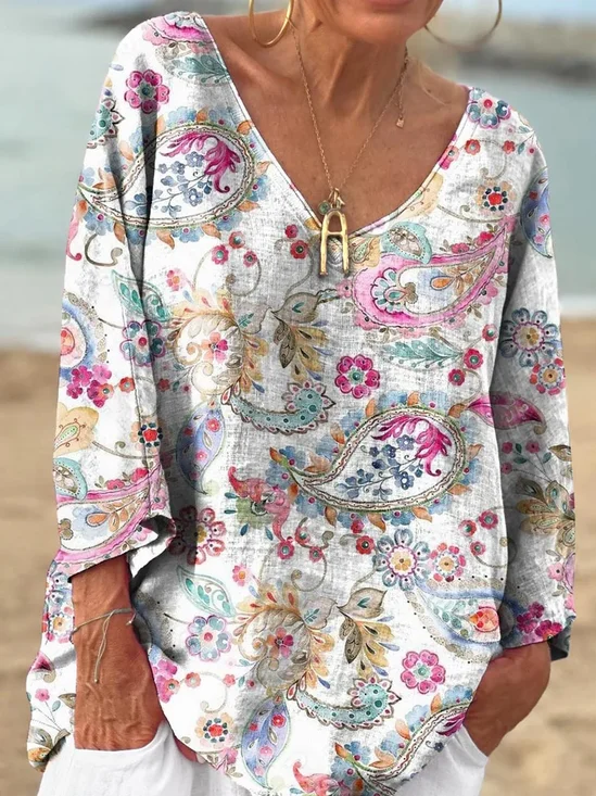 T-shirts Décontracté Motif Cachemire Printemps / Automne Polyester Micro-élasticité Coupe Régulière Manches Longues Régulier Trapèze pour Femmes
