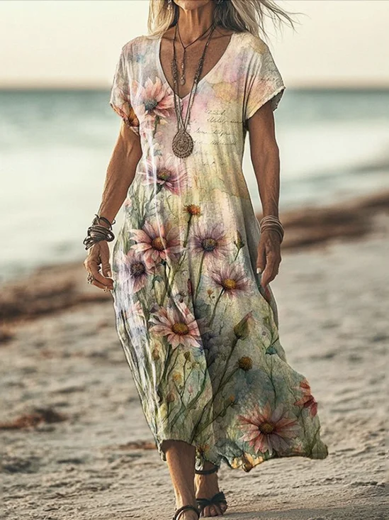 Femmes Floral Kaki Clair Col V Confortable Robe Maxi Décontracté
