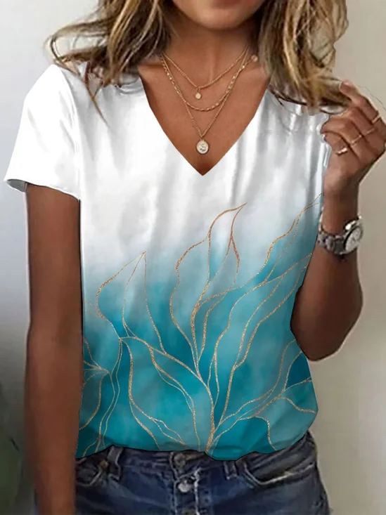 T-shirts Décontracté Abstrait Été Col V Imprimé Ample Jersey Droit Régulier pour Femmes