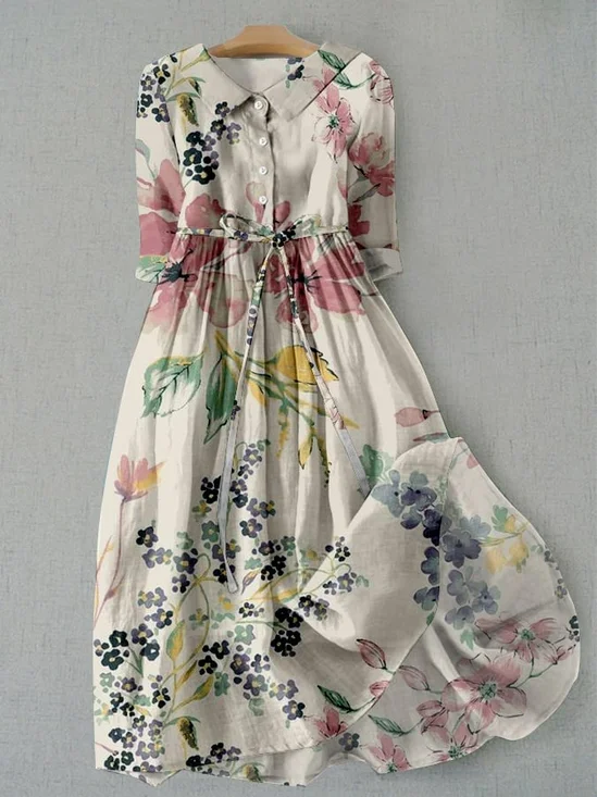 Femmes Floral Comme Image Col de Chemise Confortable Robe Maxi Rétro