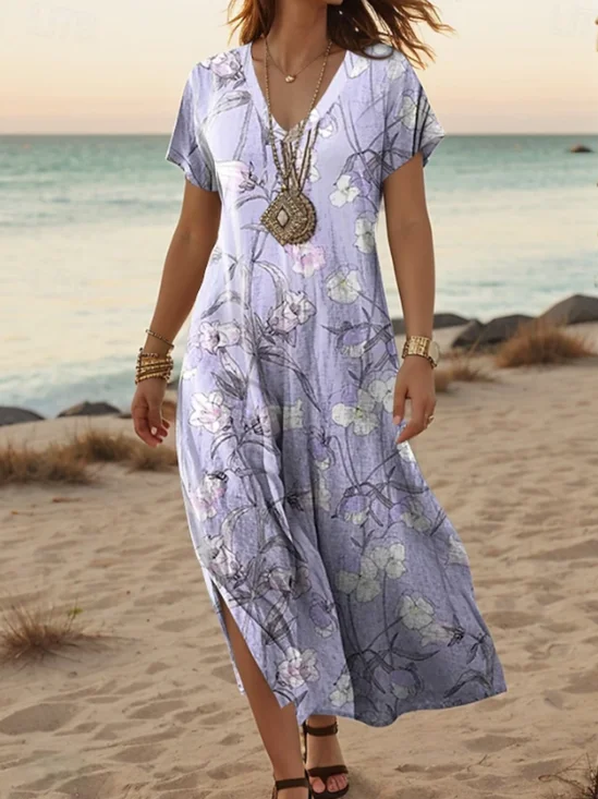 Femmes Floral Comme Image Col V Confortable Robe Maxi Décontracté