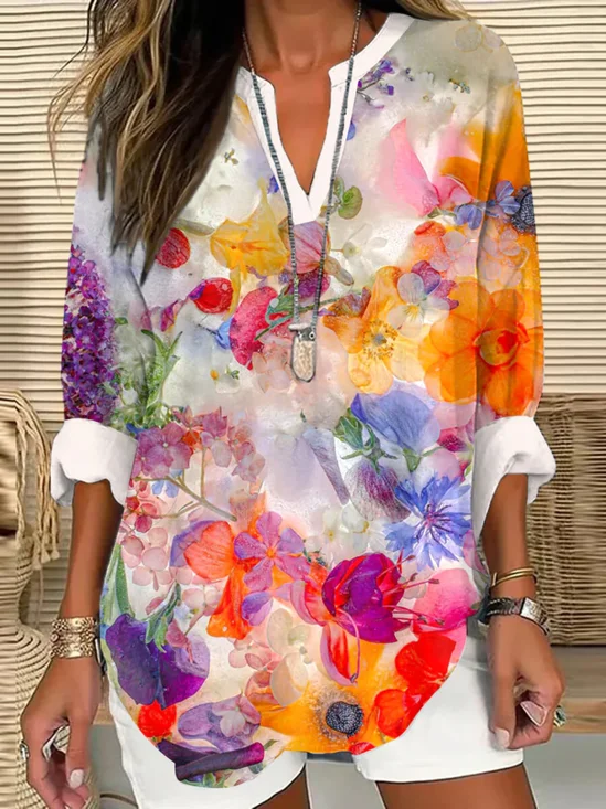 Blouses Femmes Décontracté Floral Printemps / Automne Polyester Micro-élasticité Vacances Manches Longues Régulier Trapèze