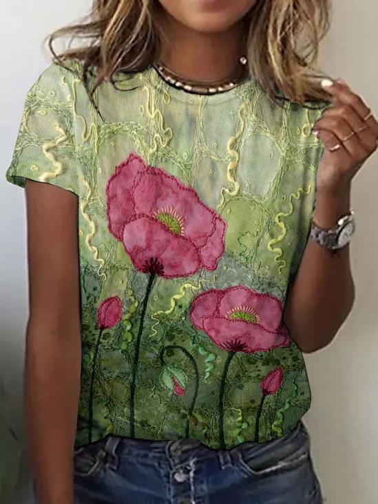 T-shirts Décontracté Floral Été Coton Micro-élasticité Quotidien Coupe Régulière Trapèze Régulier pour Femmes