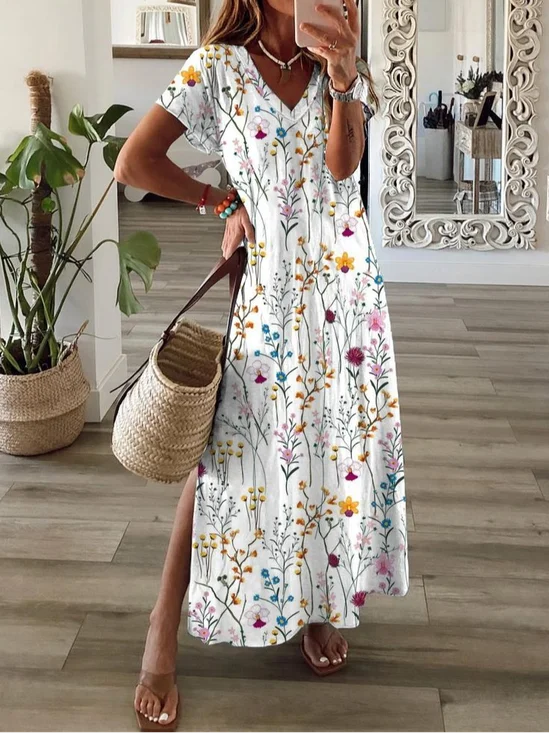 Femmes Floral Blanc Col V Confortable Imprimé Robe Maxi Décontracté
