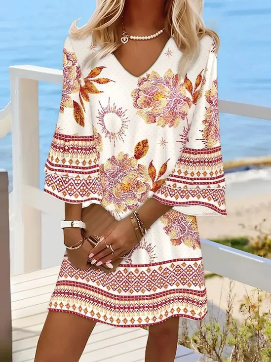 Femmes Floral Bleu Col V Confortable Robe Mi-Longue Boho