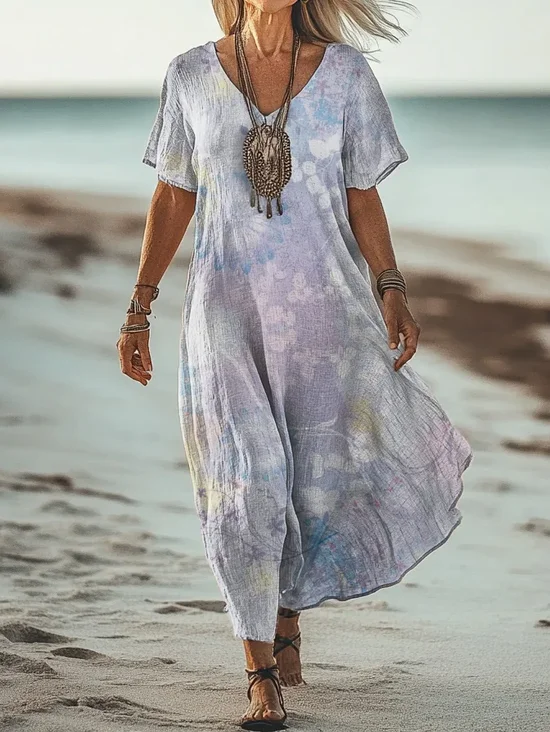 Femmes Floral Comme Image Col V Confortable Robe Maxi Rétro