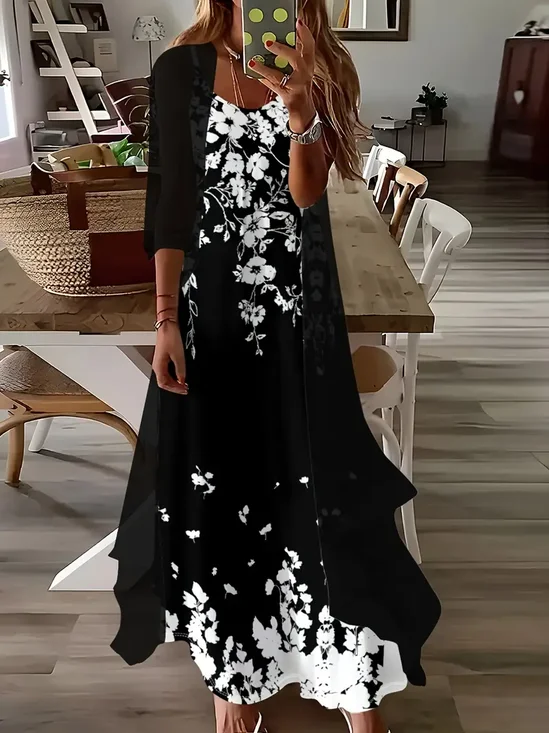 Deux Pièces Ensembles Décontracté Floral Printemps / Automne Imprimé Naturel Micro-élasticité Quotidien Jersey Trapèze pour Femmes