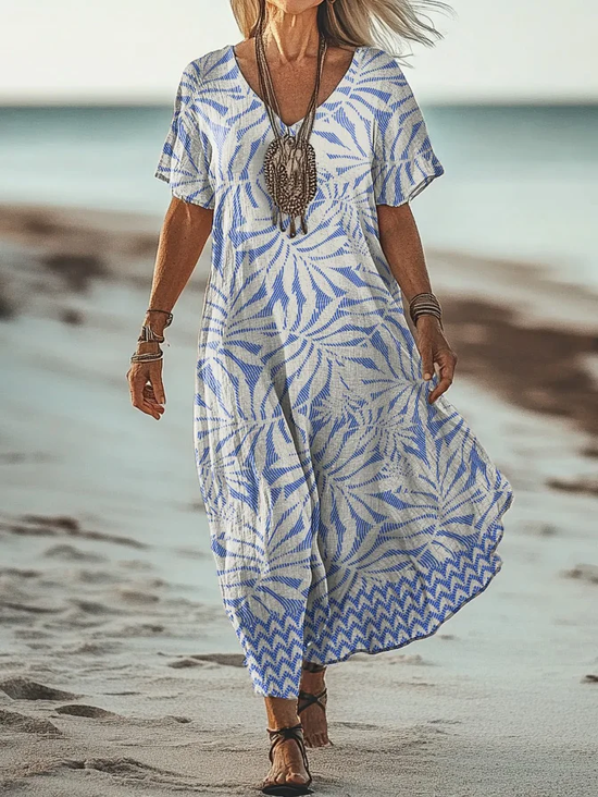Femmes Floral Comme Image Col V Confortable Robe Maxi Rétro