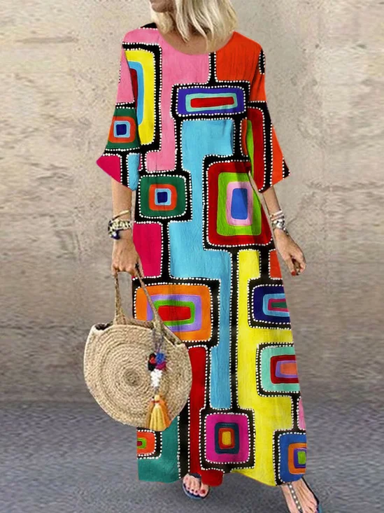 Femmes Géométrique Multicolore Col Rond Confortable Robe Maxi Rétro
