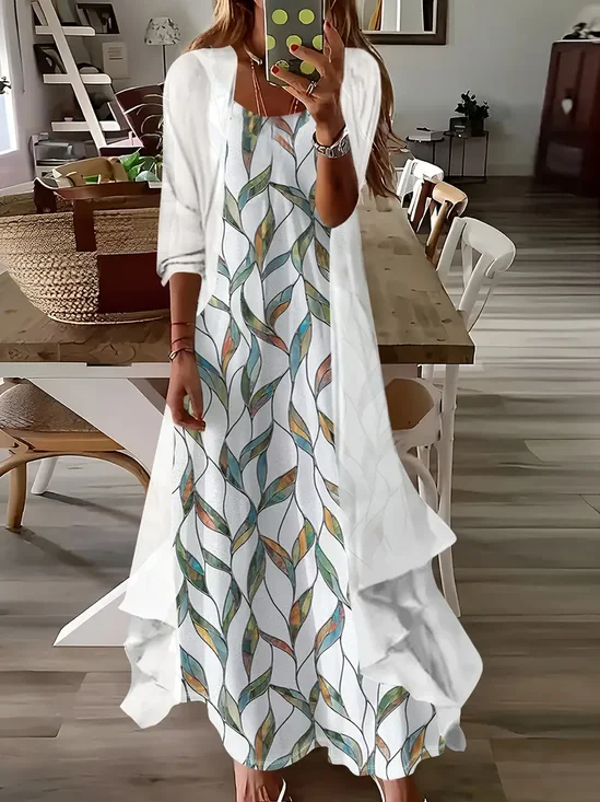 Deux Pièces Ensembles Décontracté Floral Printemps / Automne Imprimé Manches trois quarts Col Rond Régulier Dakota du Sud Robe avec Manteau pour Femmes