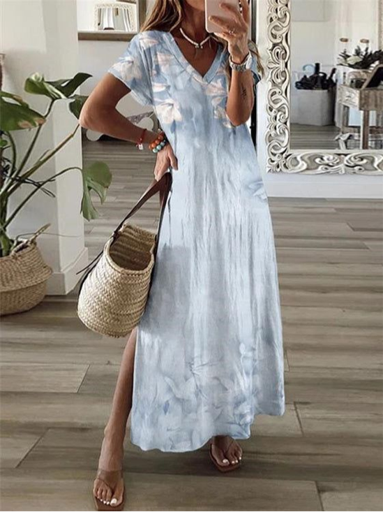 Femmes Floral Comme Image Col V Confortable Imprimé Robe Maxi Décontracté