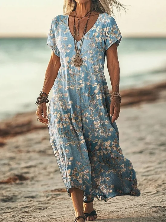 Femmes Floral Comme Image Col V Confortable Robe Maxi Rétro