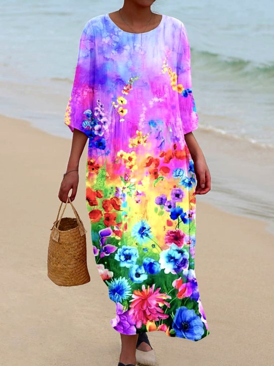 Femmes Géométrique Multicolore Col Rond Confortable Robe Maxi Décontracté