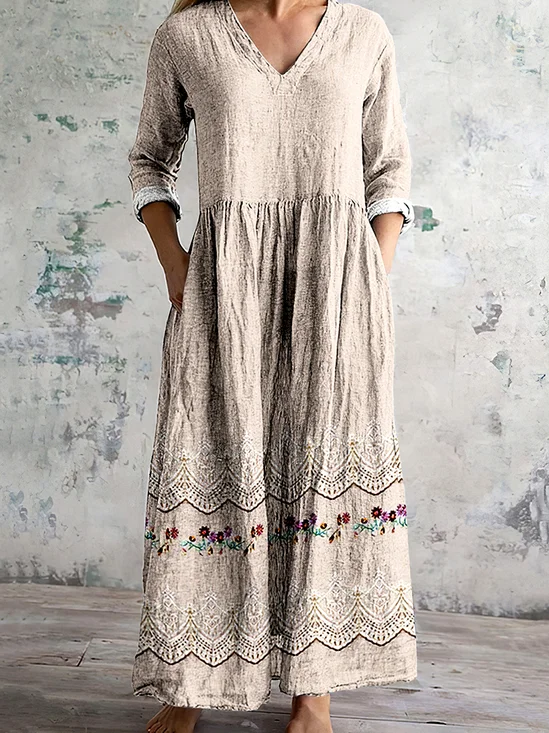 Femmes Floral Abricot Col V Confortable Robe Maxi Décontracté