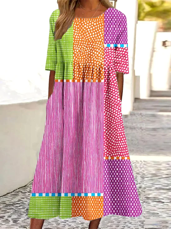 Femmes Rayé Rose Col Rond Confortable Robe Maxi Décontracté